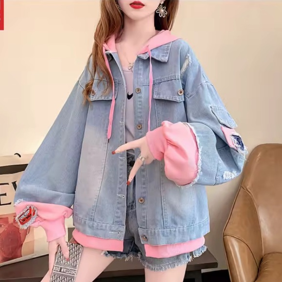 Denim Jacket bear sweatshirt patchwork with blue Pink Hoodie and Bear Patch - Picture 2 of 3